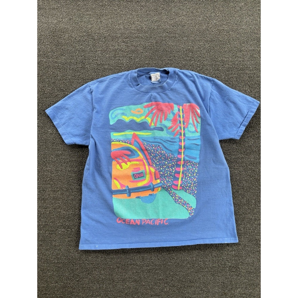 Vintage 80s Ocean Pacific OP Surf T-Shirt Made in USA Neon Graphic Blue OSFA